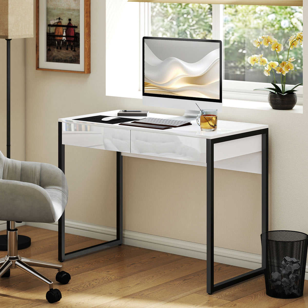 HOMCOM Modern Home Office Desk With High Gloss 2 Drawers Finish White Black