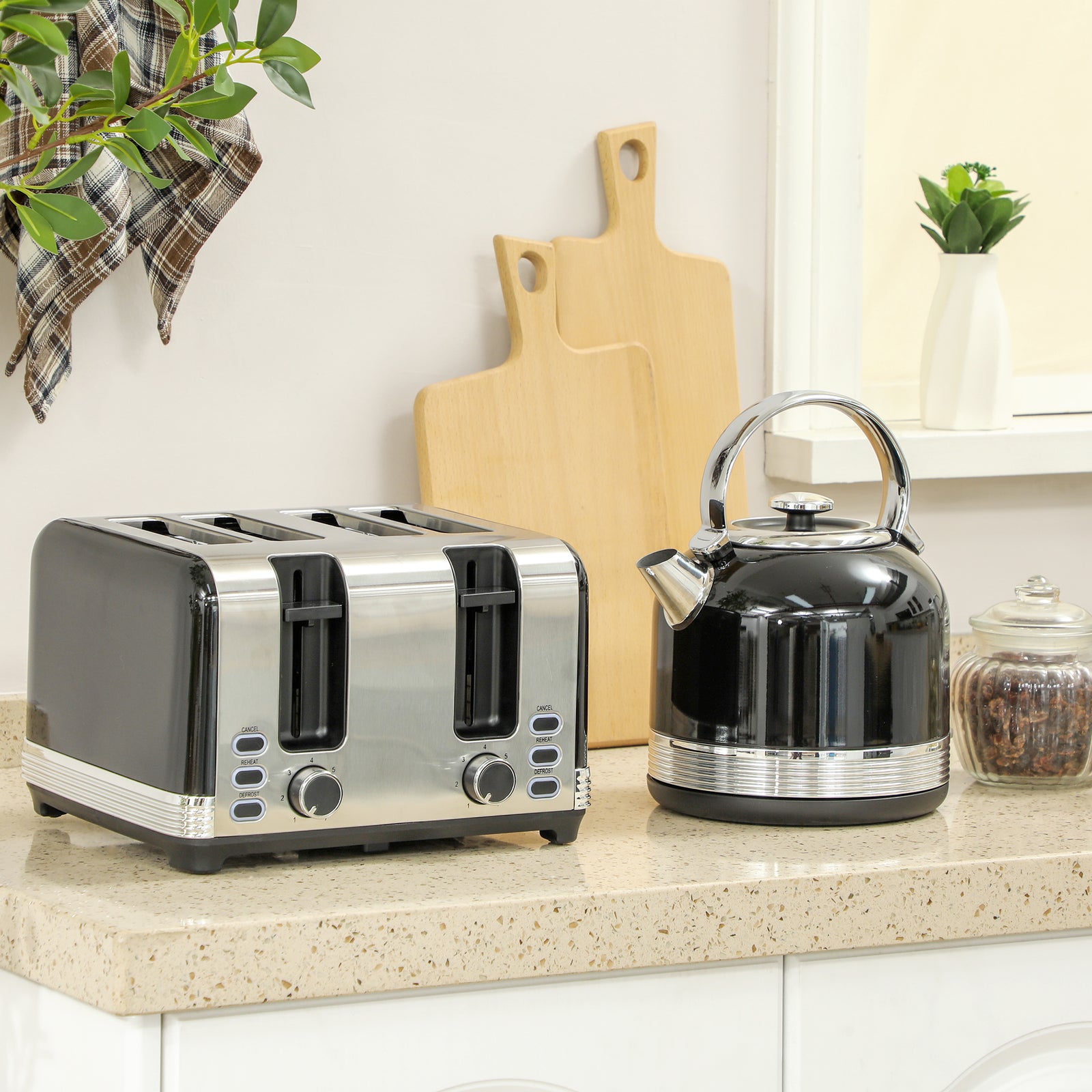 1.7l 3000w Fast Boil Electric Kettle And 4 Slice Toaster Set | Black