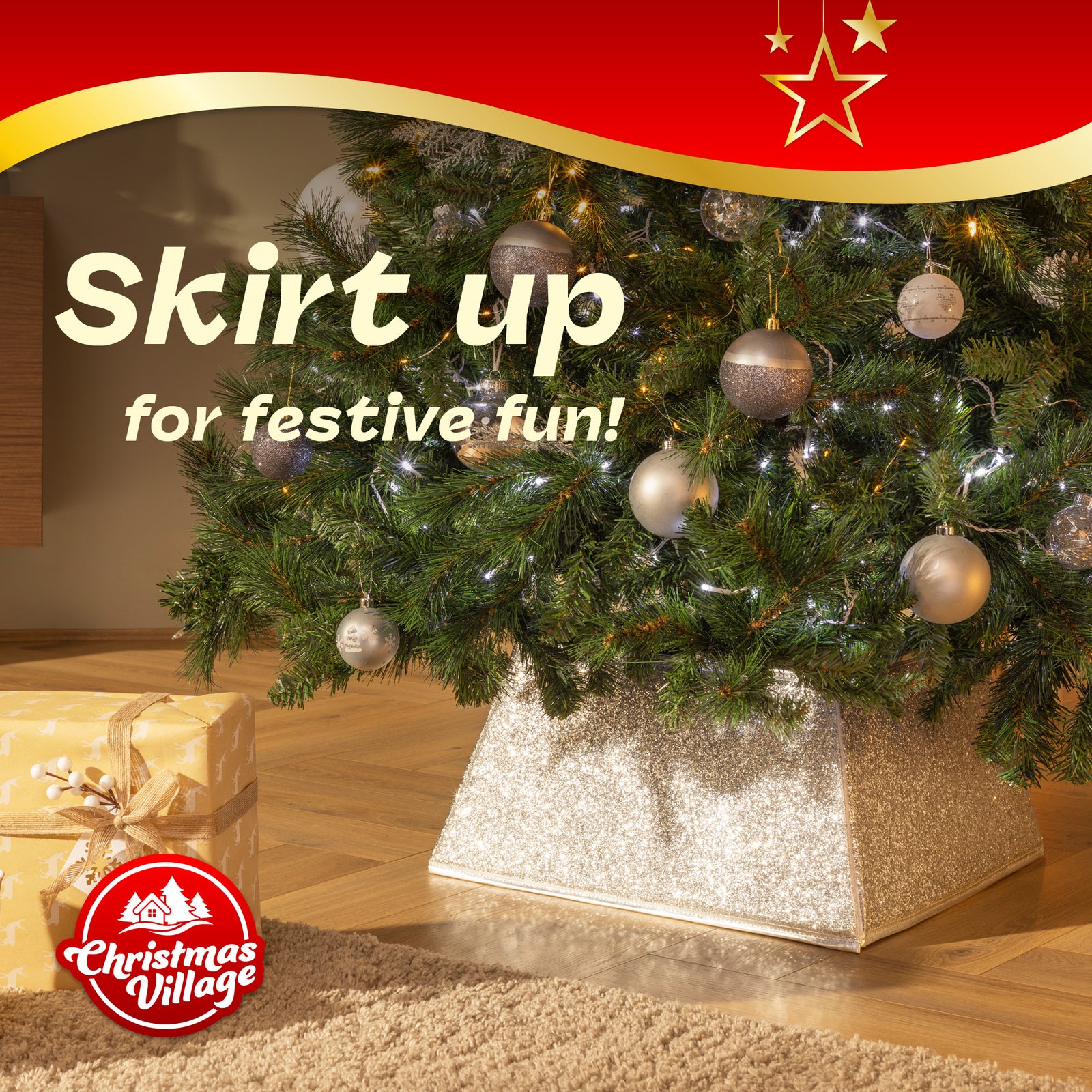 Glitter Christmas Tree Skirt Square 48x48cm | Silver