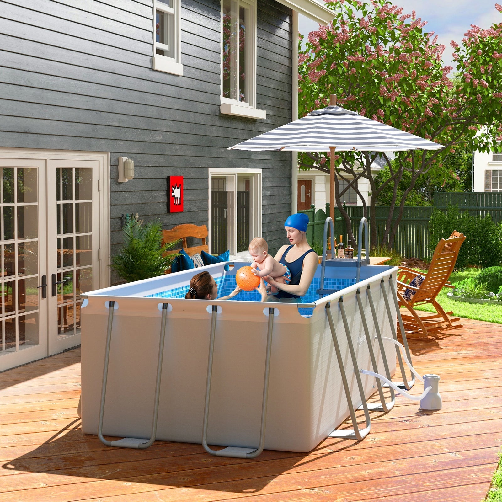 Steel Frame Swimming Pool With Filter Pump And Ladder | Gray