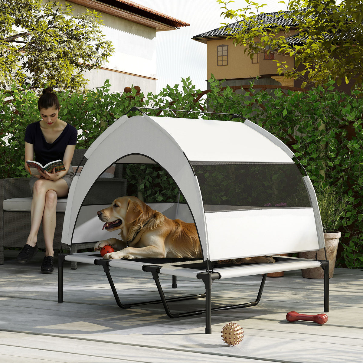 Pawhut Portable Elevated Dog Bed With Removable Canopy, 106 X 76 X 94 Cm