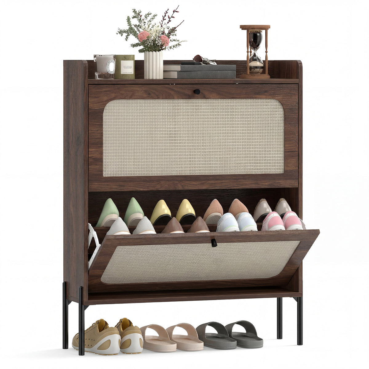 HOMCOM Boho Narrow Shoe Cabinet, Shoe Rack With 2 Flip Drawers