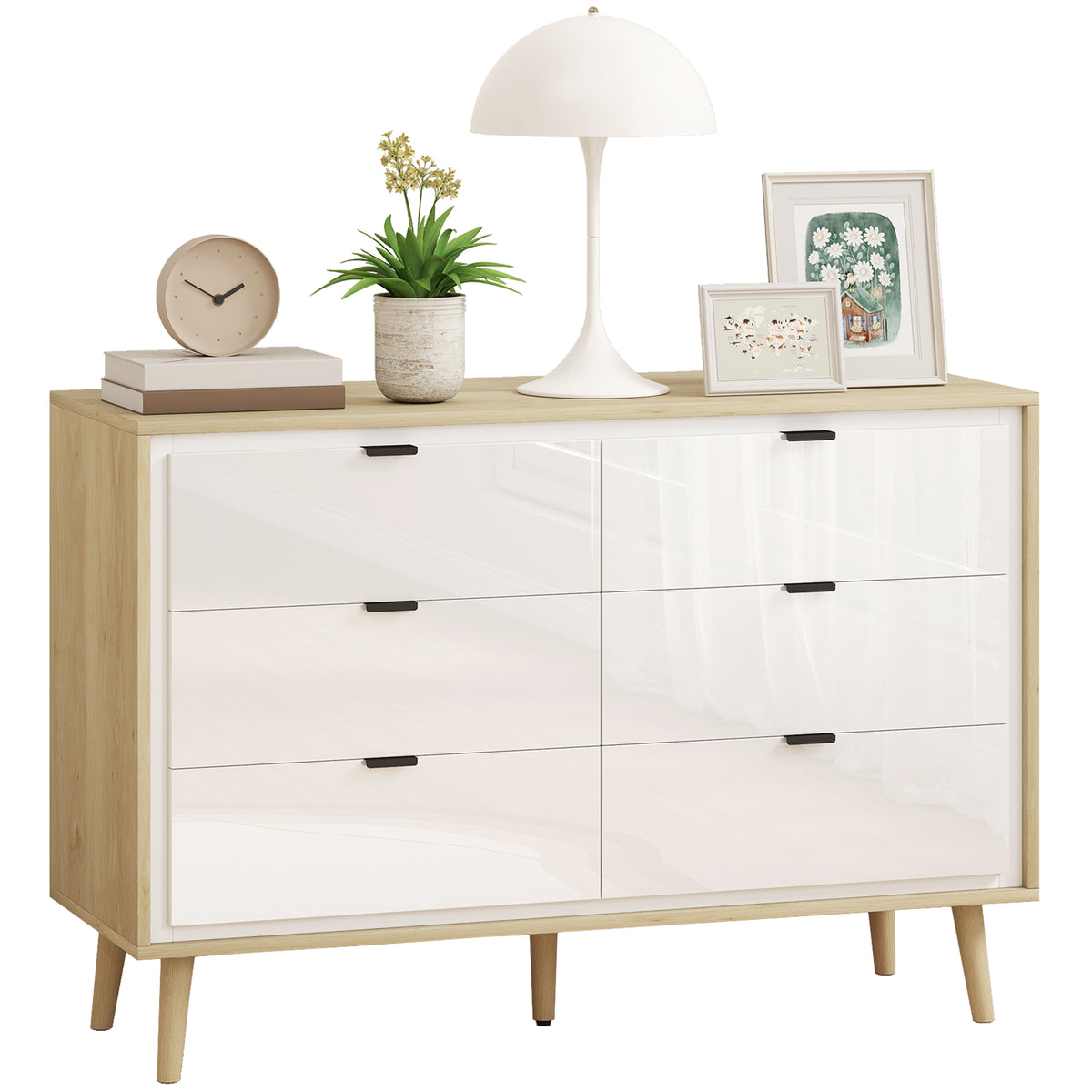 HOMCOM Storage Cabinet With 6 Drawers And 5 Legs, High Gloss White