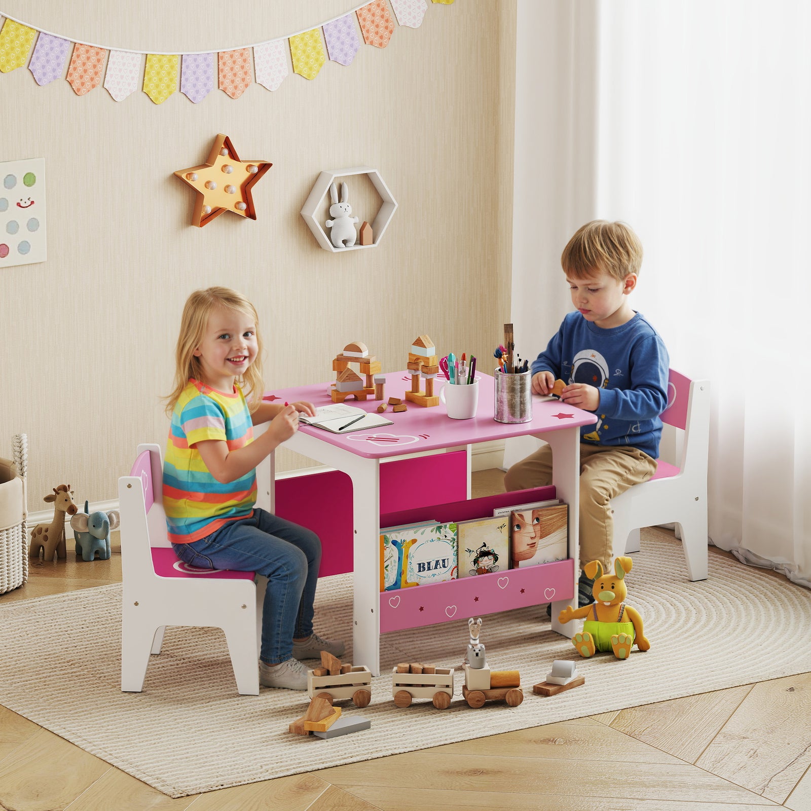 3 Pieces Kids Table And Chair Set With Bookshelves, Pink