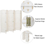 4/6-panel Foldable Room Divider – White Weave Fiber And Solid Wood Frame | Large