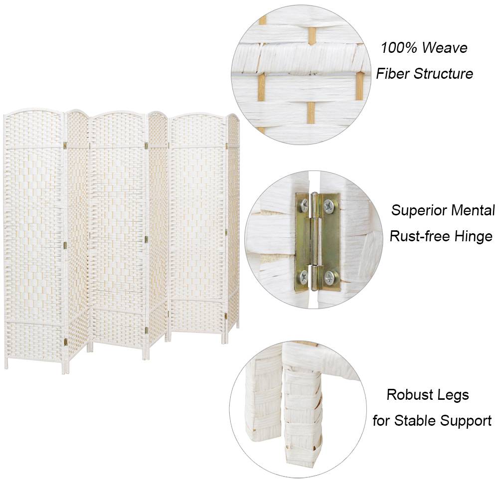 4/6-panel Foldable Room Divider – White Weave Fiber And Solid Wood Frame | Large