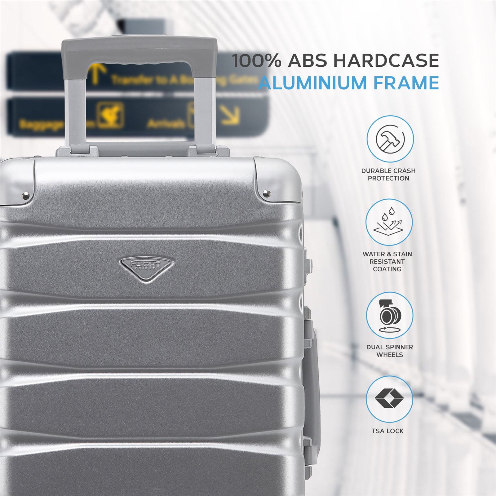 55x35x20cm Hard Shell Cabin Carry On Suitcase 100+ Airline Approved - Aluminium Frame/abs Hard Shell Outer Body | Set-of-3 | Silver