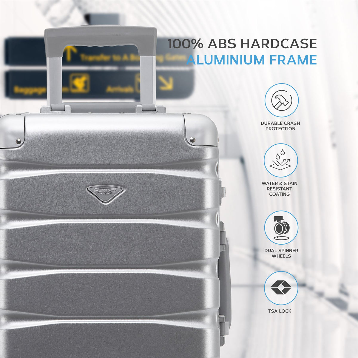 55x35x20cm Hard Shell Cabin Carry On Suitcase 100+ Airline Approved - Aluminium Frame/abs Hard Shell Outer Body | Set of 3 | Silver