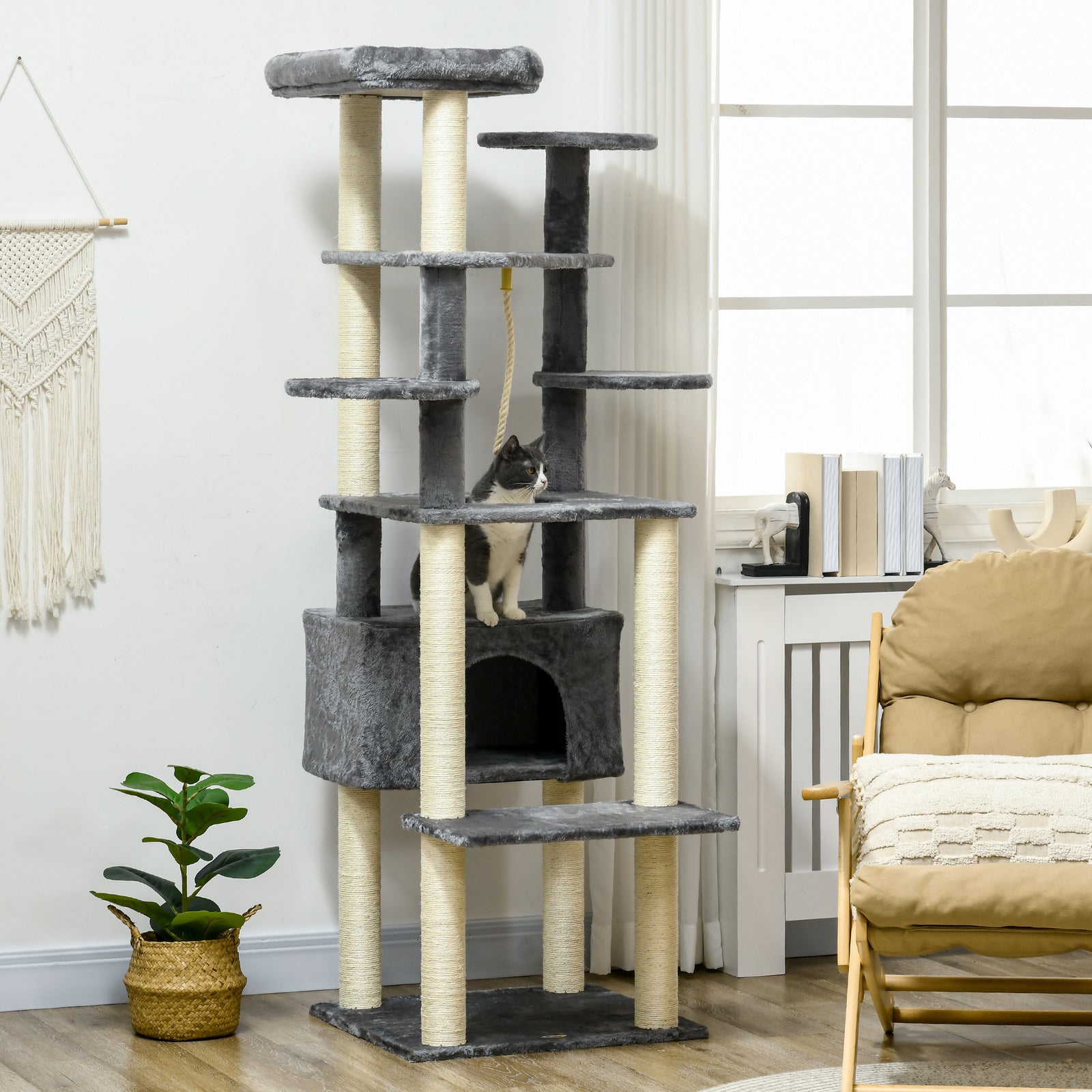 184cm Cat Tree For Indoor Cats, Modern Cat Tower With Cat Bed - Grey