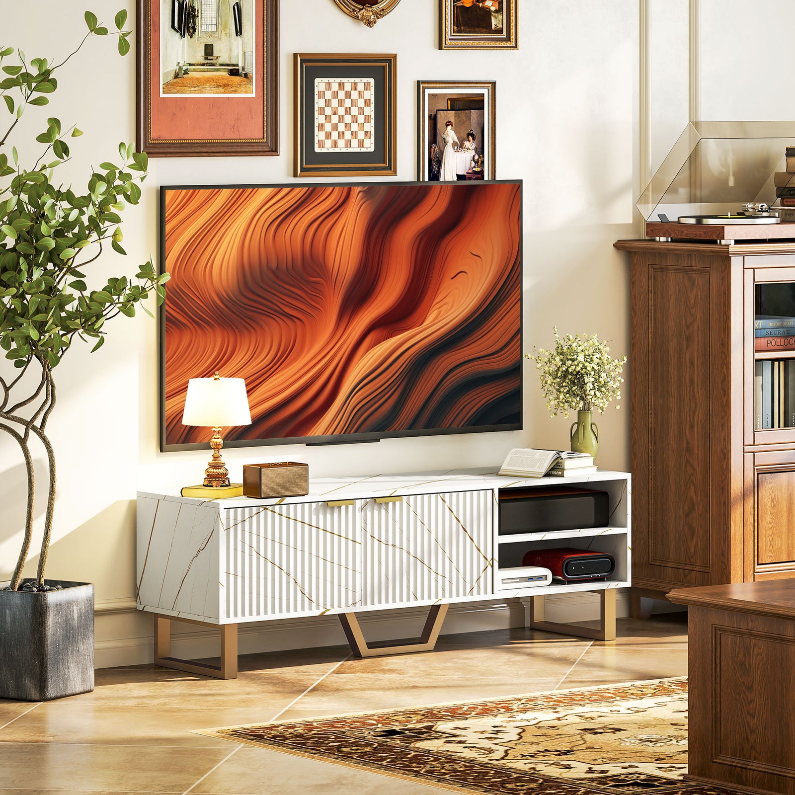 Tv Unit, Tv Stand Cabinet With Shelves And Storage Cupboard | One Size | White