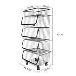 3/4/5 Tier Stackable Rolling Metal Wire Basket Trolley Rack Fruit Vegetable Storage Holder For Kitchen | Large | Black