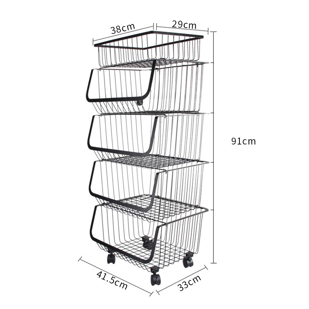 3/4/5 Tier Stackable Rolling Metal Wire Basket Trolley Rack Fruit Vegetable Storage Holder For Kitchen | Large | Black
