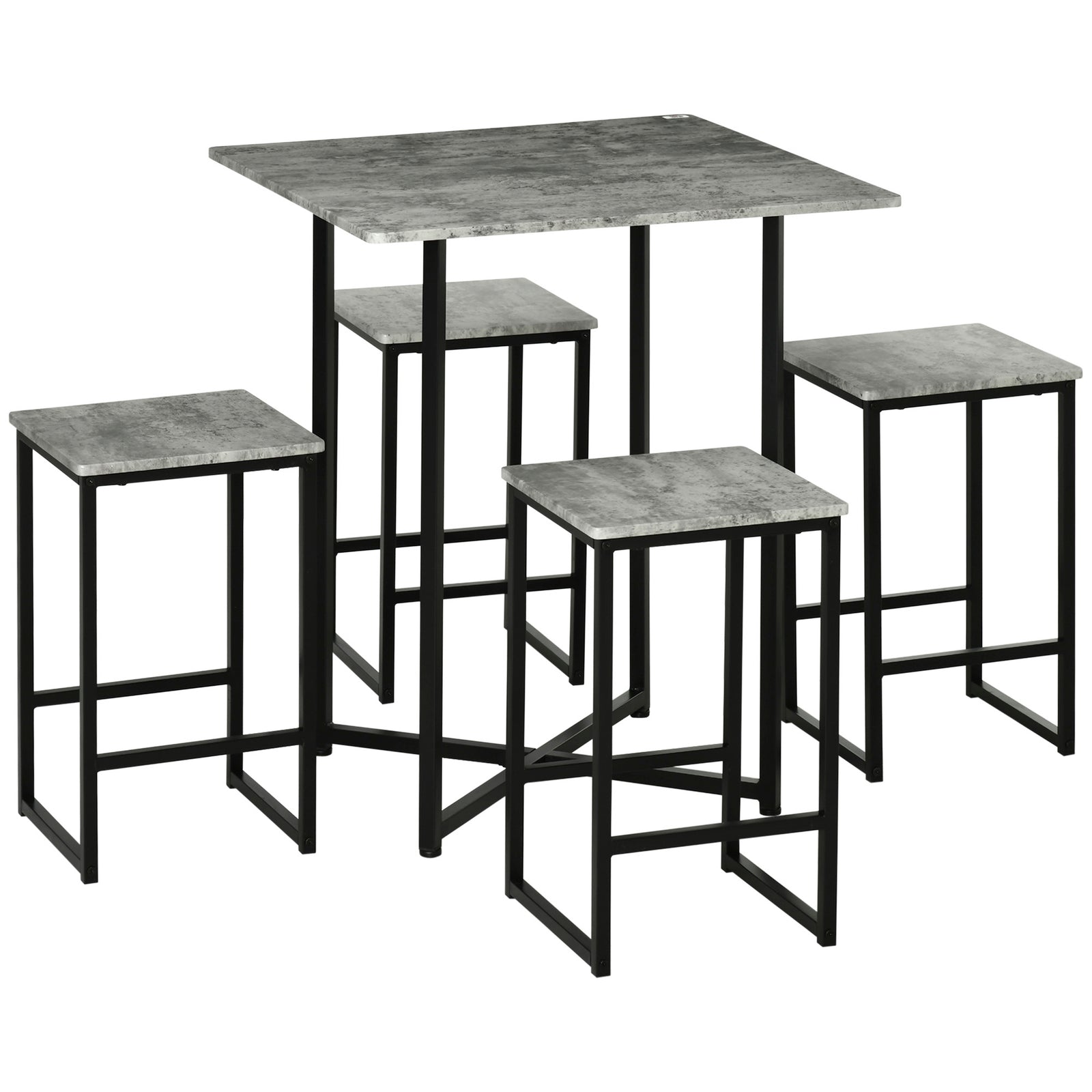 Square Bar Table Set With Stools, Concrete Effect
