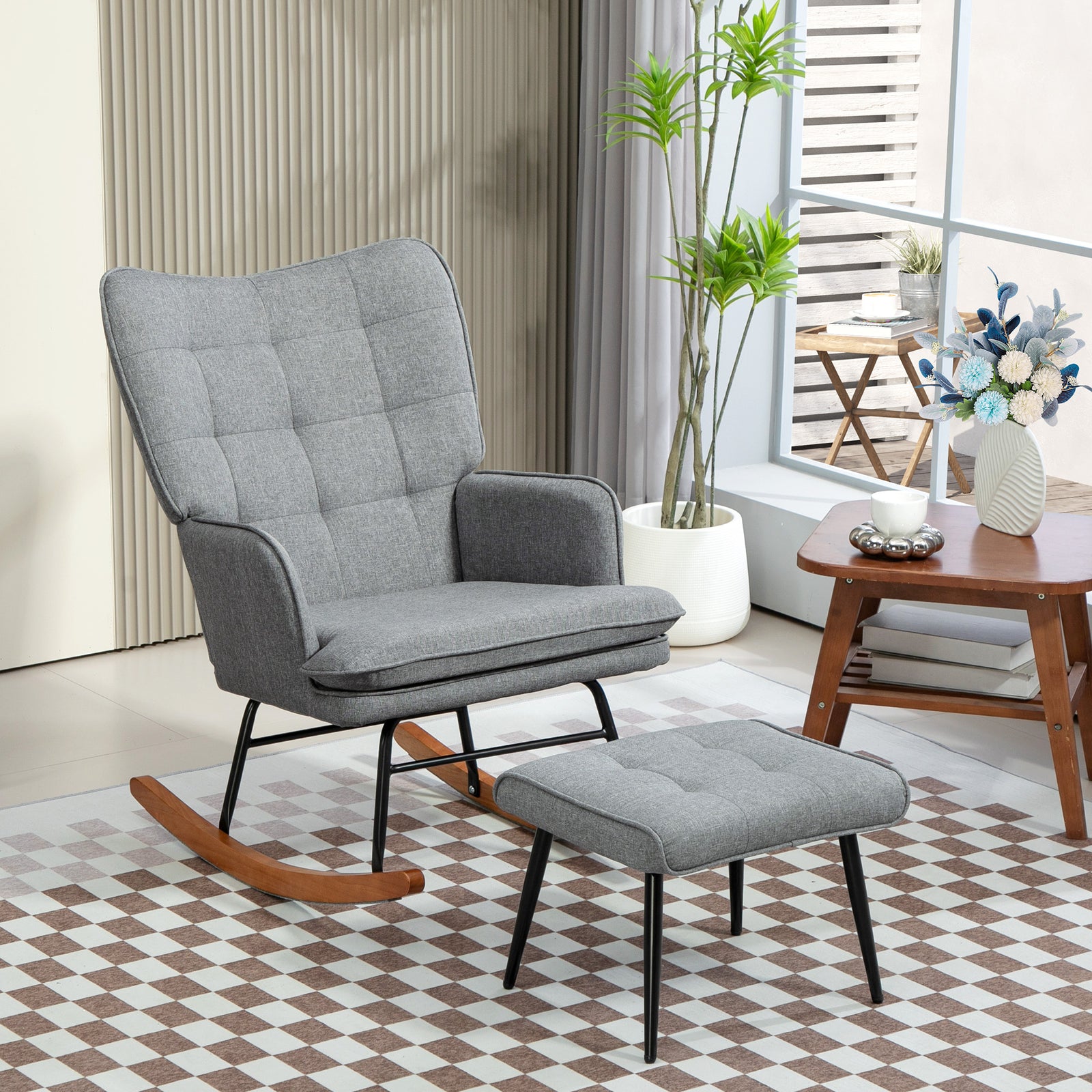 Rocking Chair With Footstool Fabric Wingback Chair