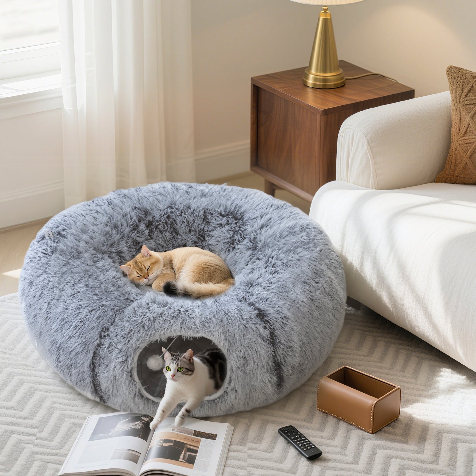 Donut Play Tunnel Bed With Washable Cushion And Toy Ball, Light Grey