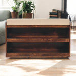 California Walnut & Mud Linen Pull Out Shoe Bench In Solid Wood | Chocolate Brown