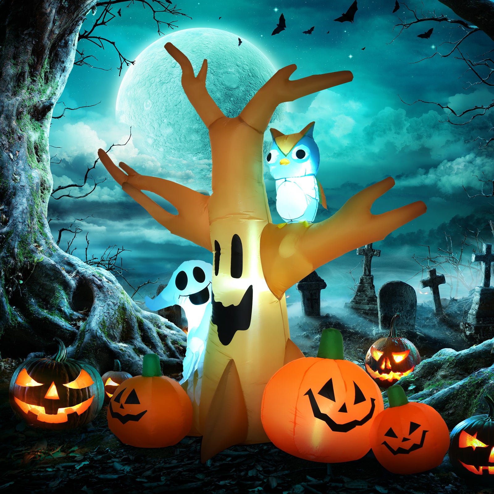 Halloween Inflatable Tree Ghost 3 Pumpkins Owl Lighted 4 Led For Lawn