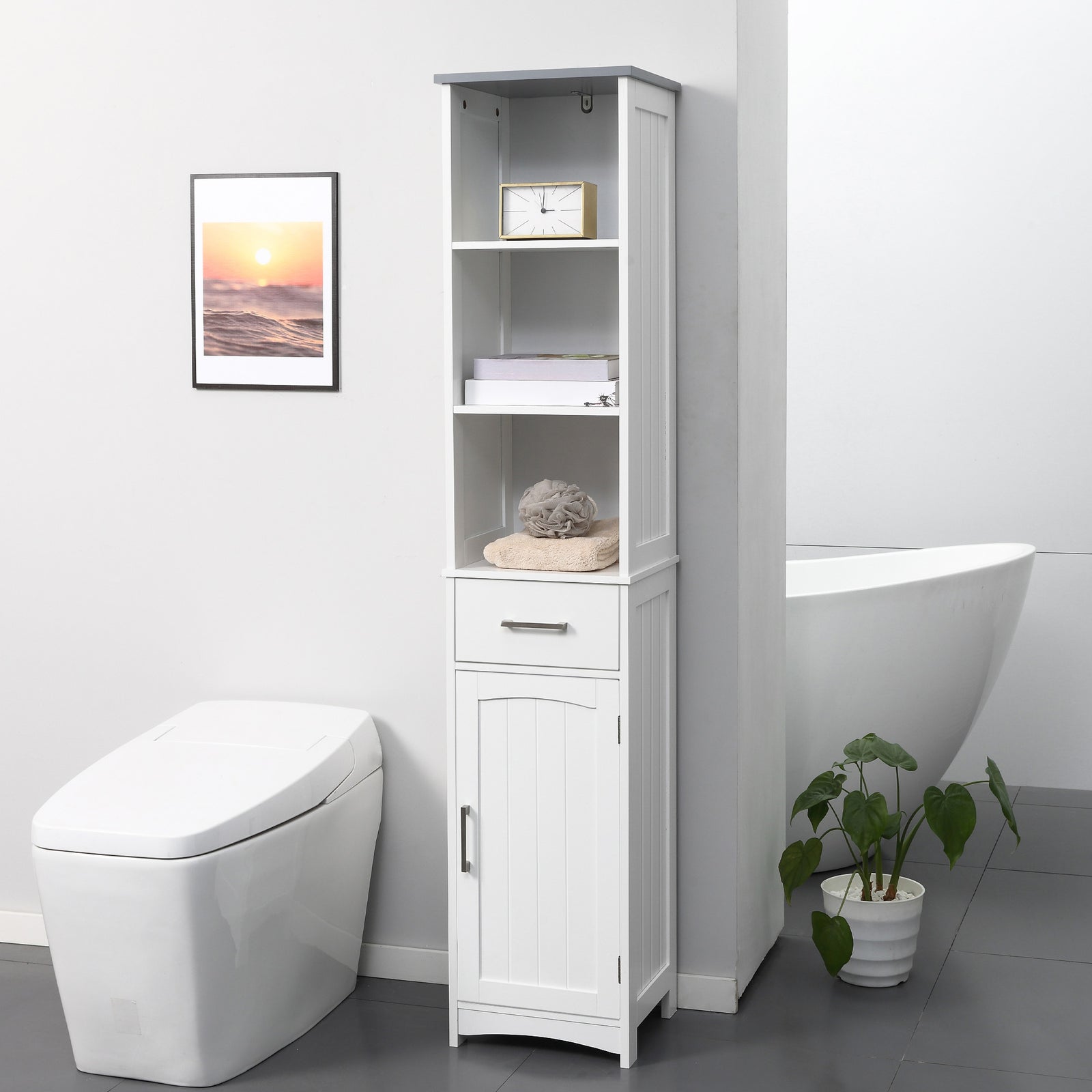 Tall Bathroom Storage Cabinet Slim Freestanding Linen Tower