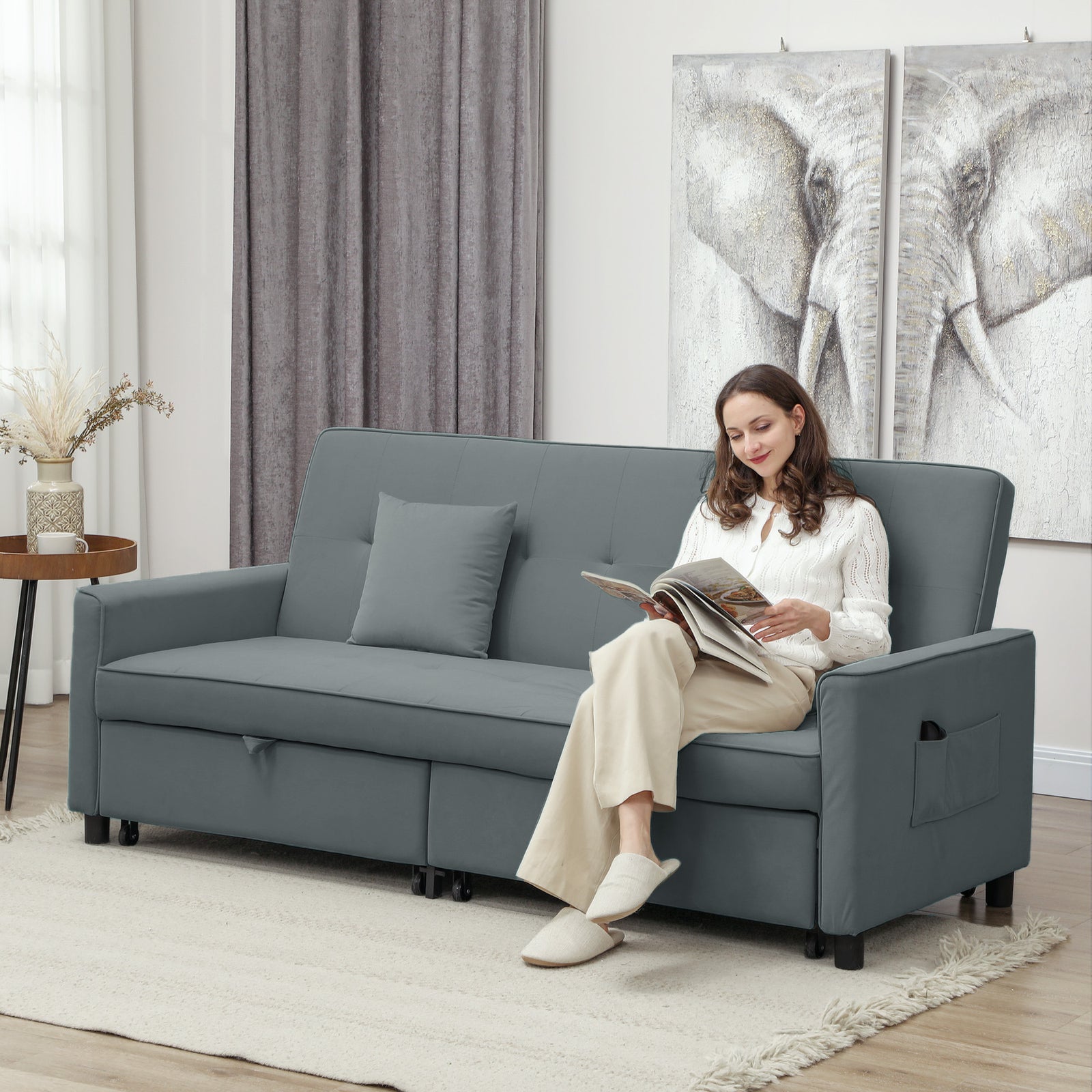 Reversible L-shaped Sectional Sofa Bed With Cushions | One Size | Gray