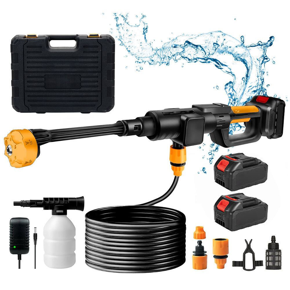 21v Cordless Handheld Pressure Washer With 2 Batteries, 5m Hose, 6-in-1 Nozzle & Foam Cannon, Portable Car And Garden Cleaner | Yellow & Black