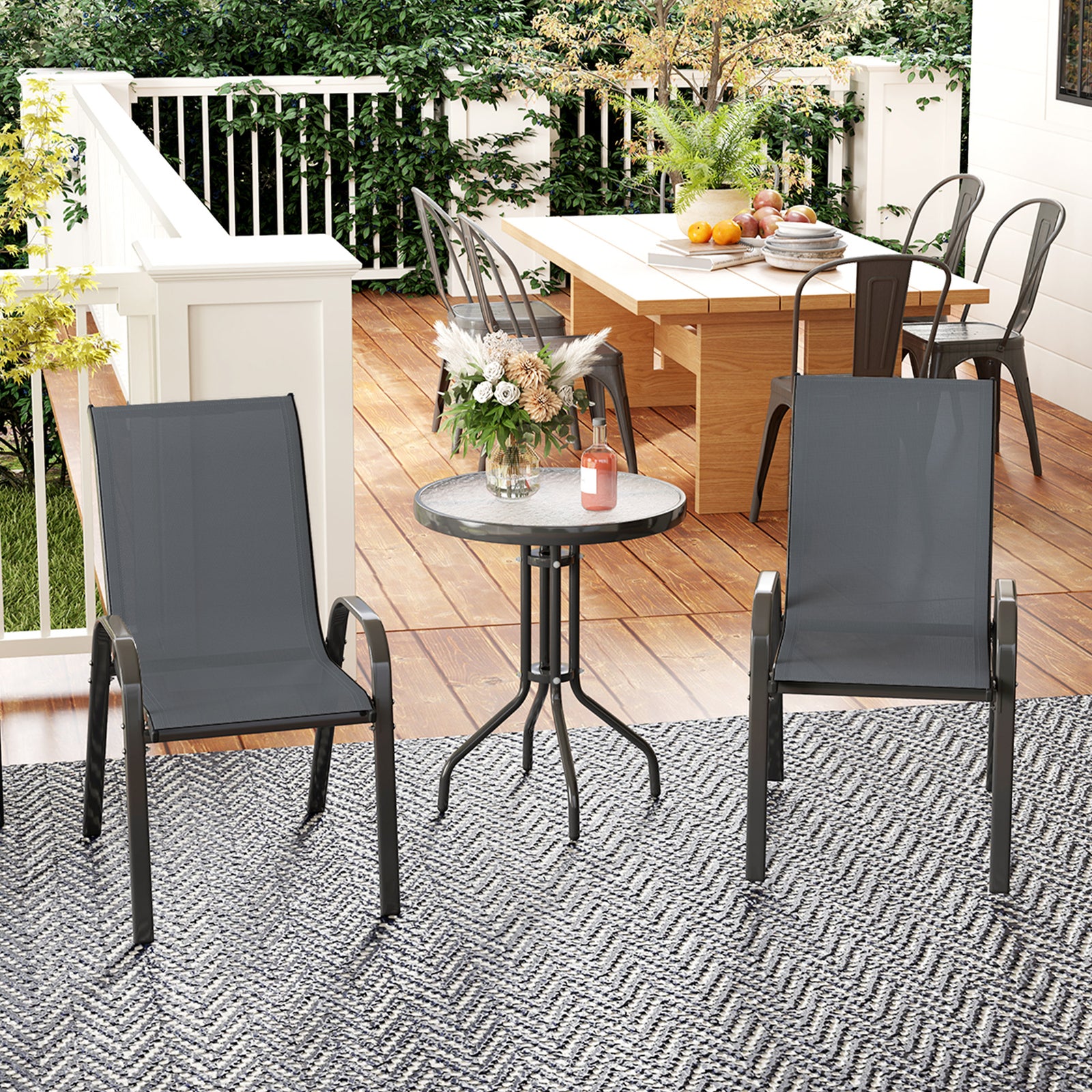 Garden Bistro Set, Small Garden Set W/ Stackable Chairs | Dark Gray