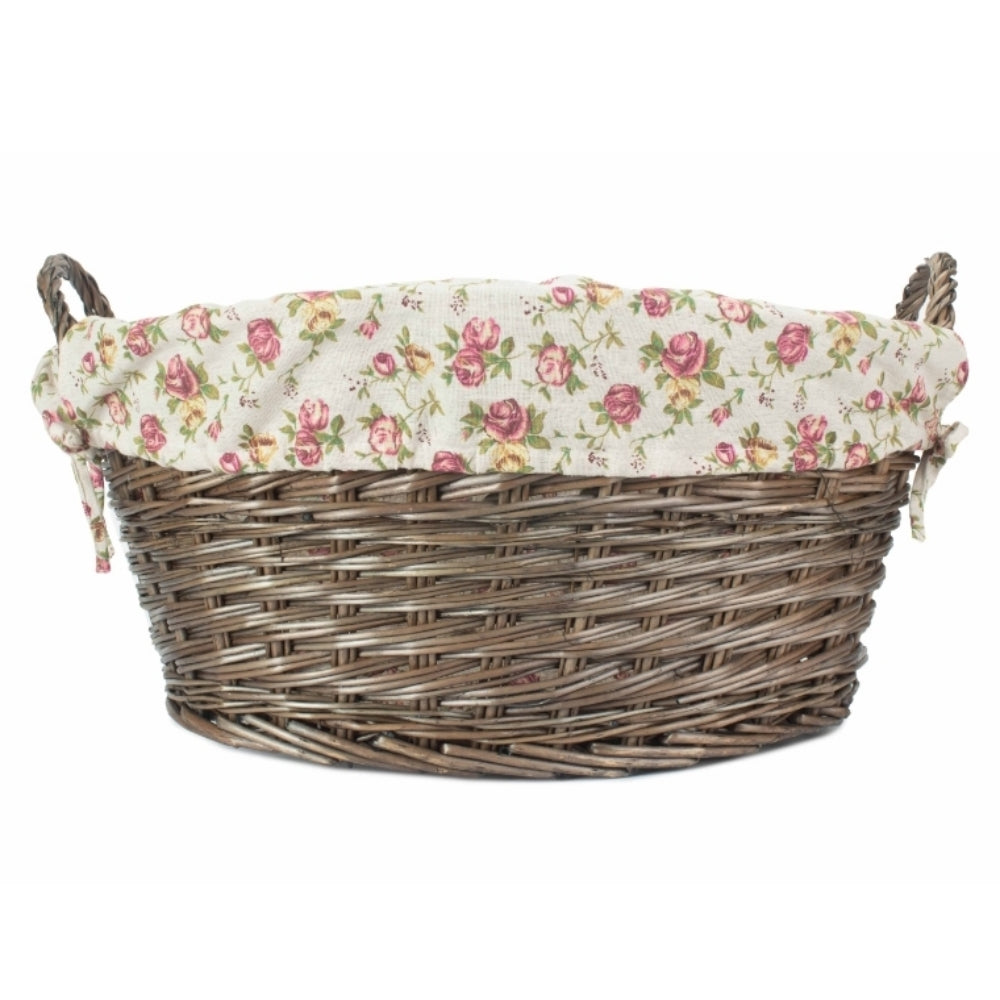 Wicker Antique Wash Finish Lined Wash Basket With Garden Rose Lining | Pink