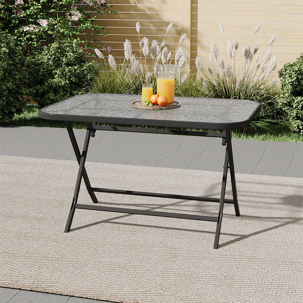 Outdoor Folding Patio Table With Black Frame & Water Ripple Tempered Glass Top,120m W X 80cm D X 72cm H