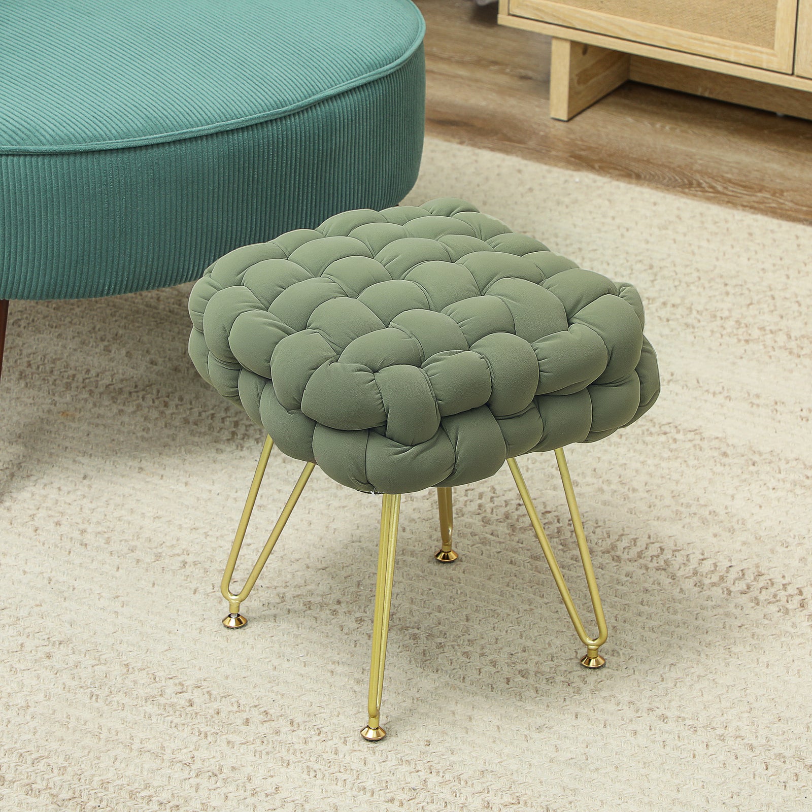 Woven Velvet Foot Stool With Steel Legs For Living Room | One Size | Green