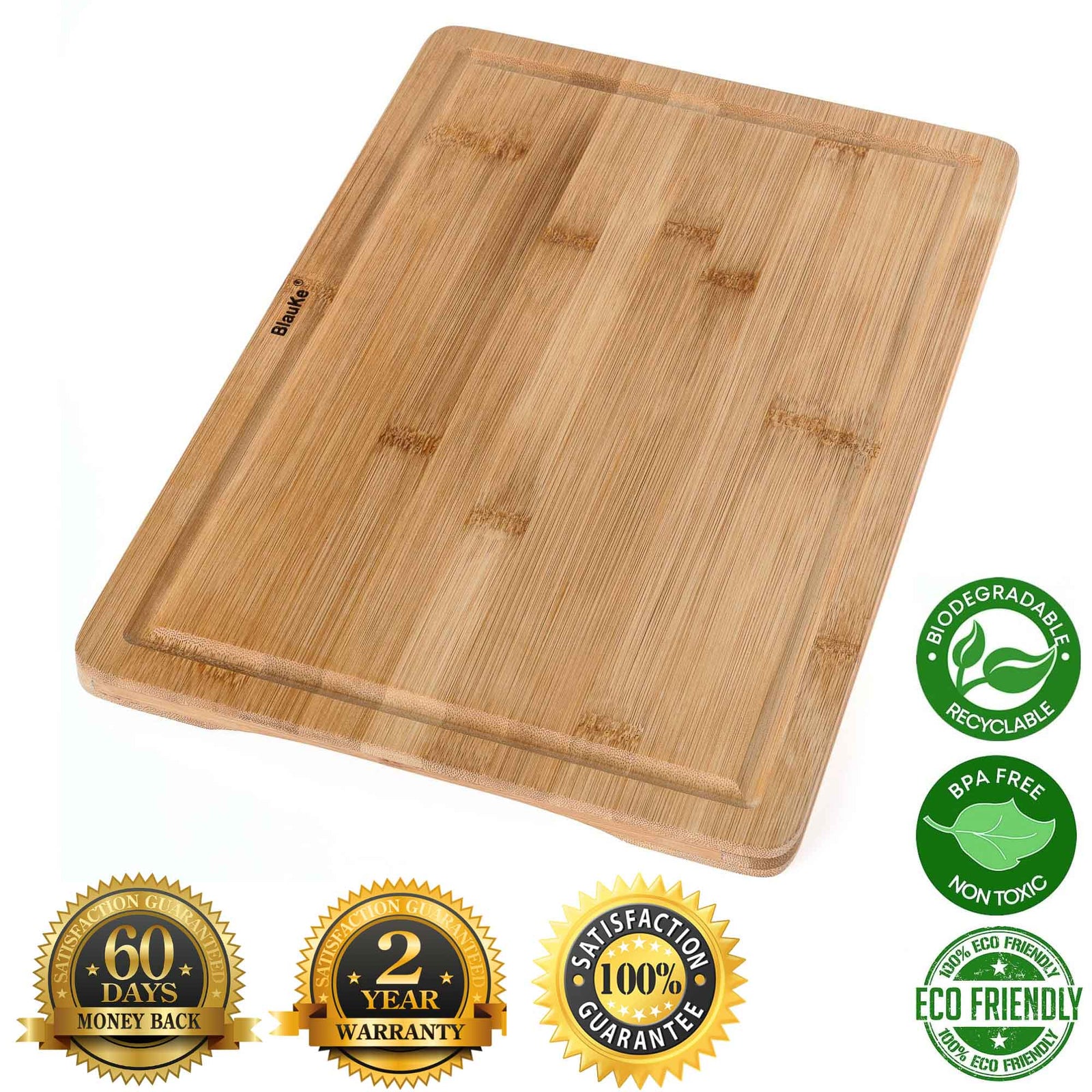 BlauKe Wood Cutting Board For Kitchen - 38x25cm Large Bamboo Cutting Board With Juice Groove And Handles - Wooden Chopping Board