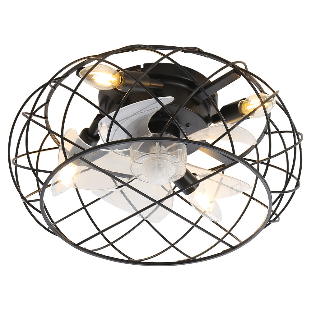17 Inch Black Flush Mount Cage Ceiling Fan Light With Remote Control Compact Industrial Fan
