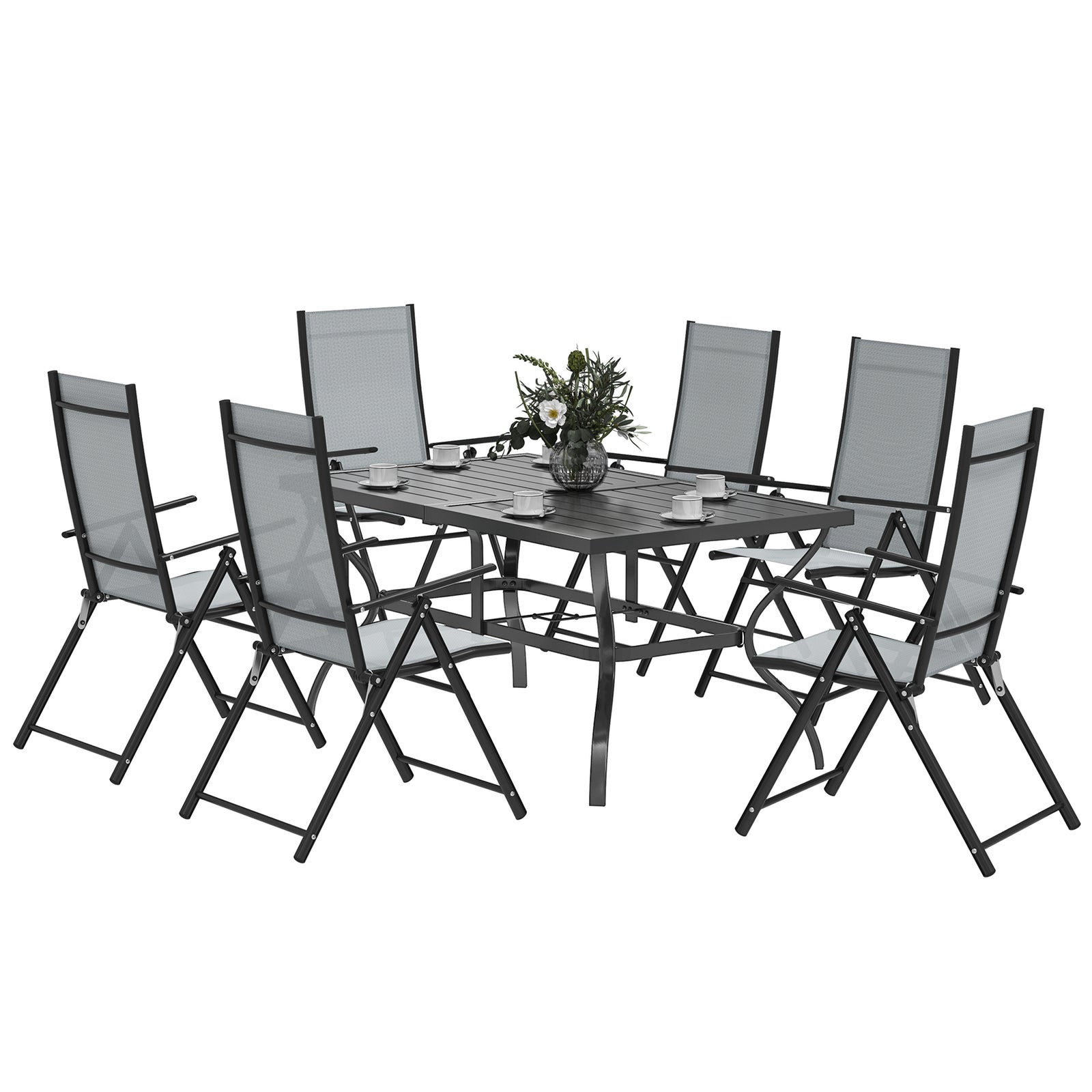 7 Pcs Garden Dining Set, Folding Chairs And Metal Top Table | Gray