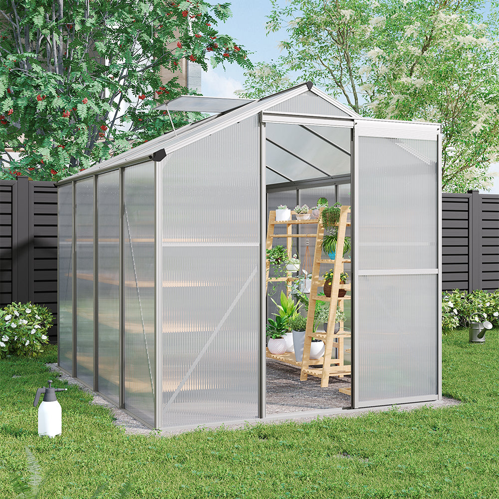 Polycarbonate Greenhouse– Aluminum Frame Walk-in Greenhouse With Sliding Door & Ventilation Window For Plants & Flowers, White, 8 x 6ft