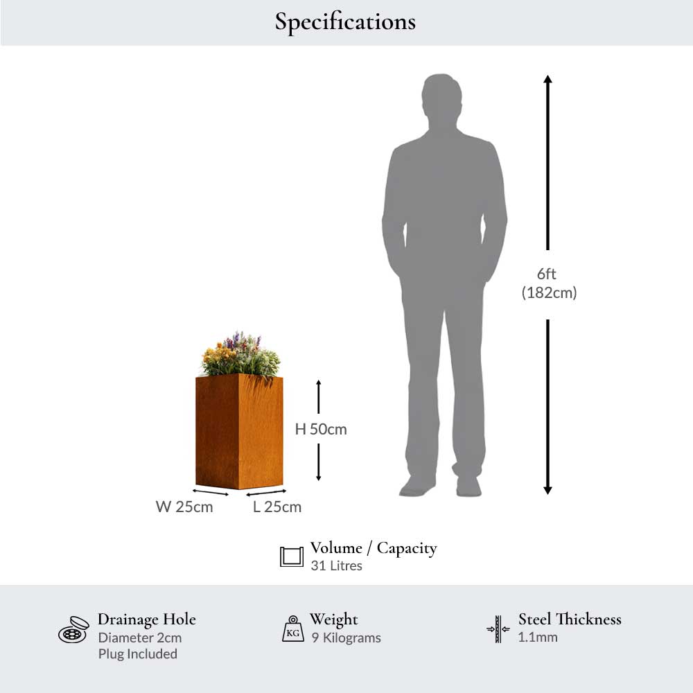 Corten Steel Tall Square Planter - Pre-rusted | 25cm x 25cm x 50cm | Brown