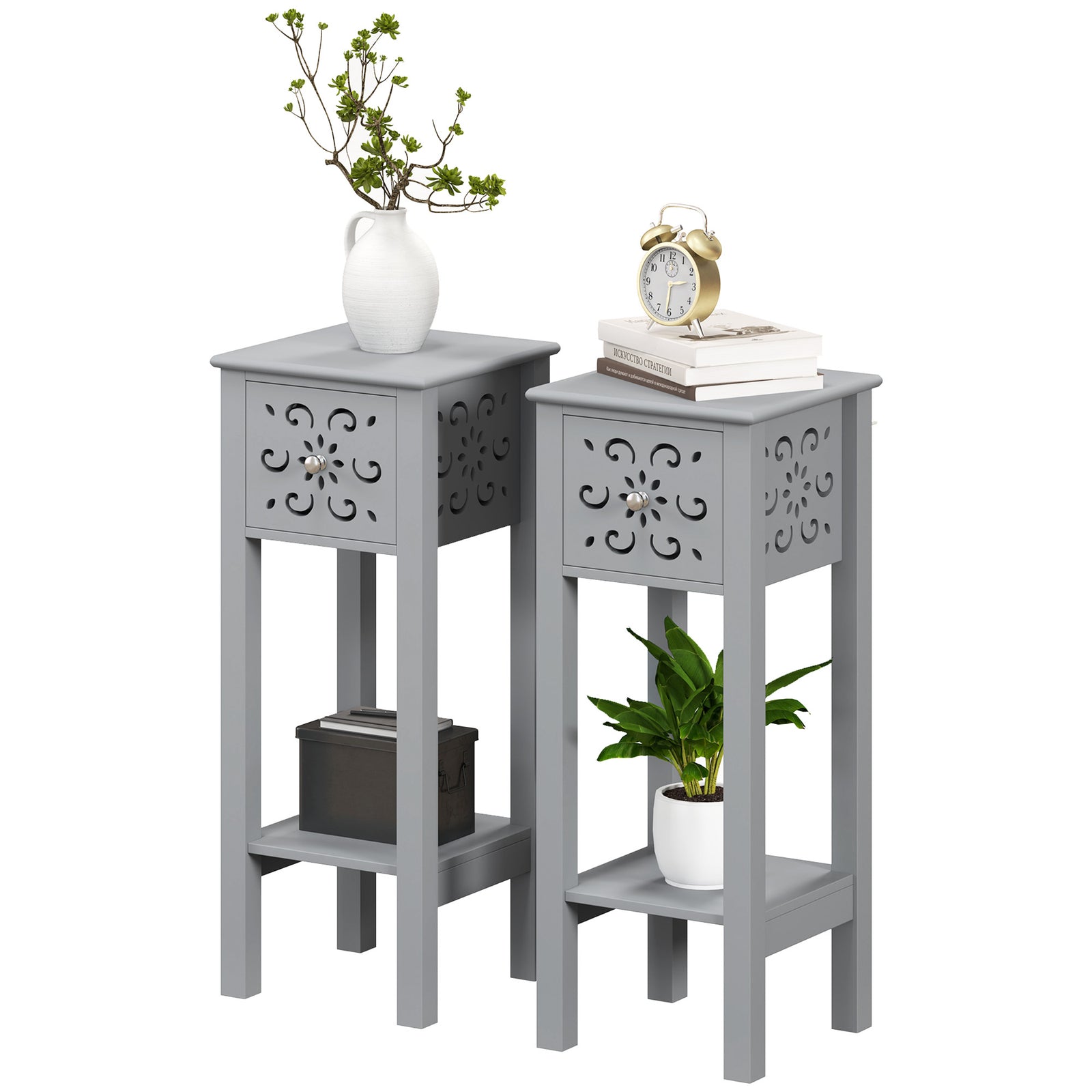 HOMCOM Bedside Table Set, End Table Set With Drawer And Storage Shelf, Grey
