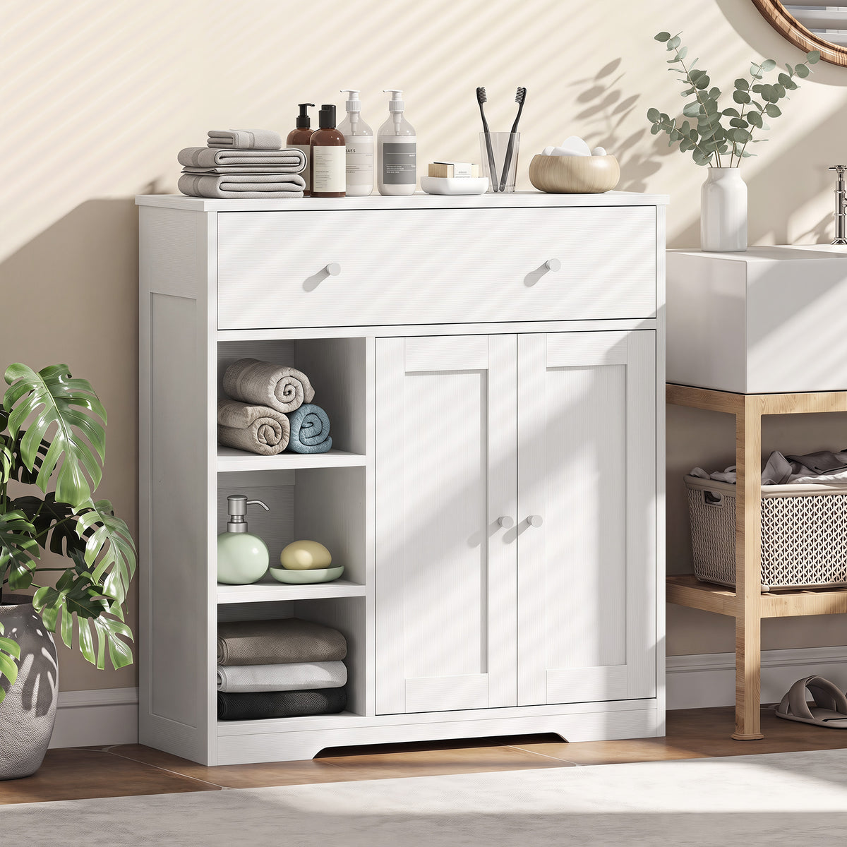 HOMCOM Bathroom Floor Cabinet, Bathroom Cabinet With Drawer And Door, White