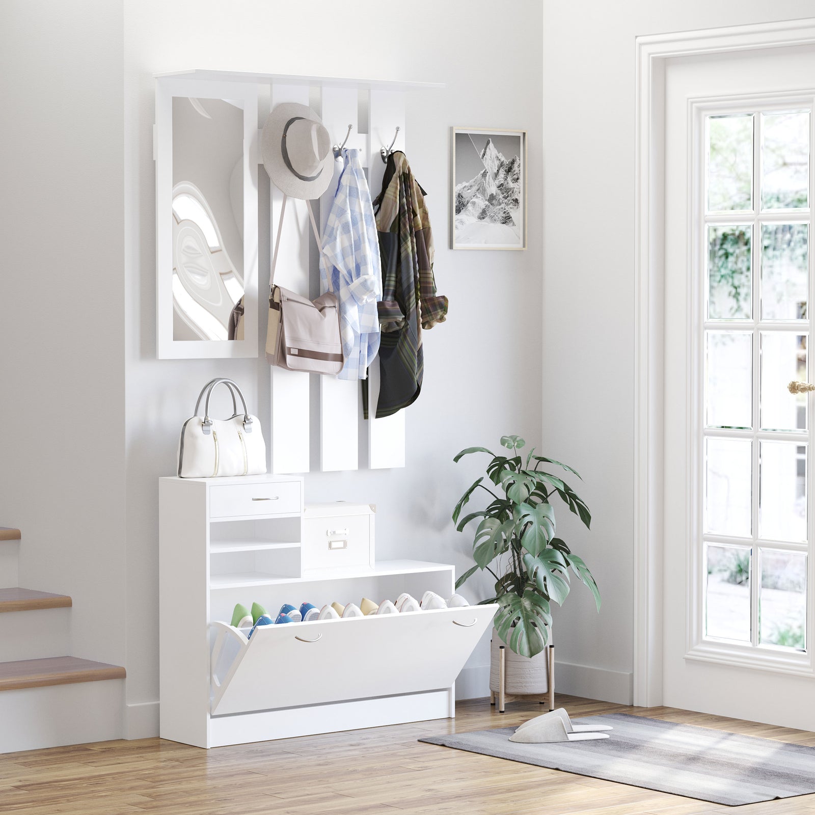 Entryway Organizer Shoe Storage Space Saving Mirror Chest