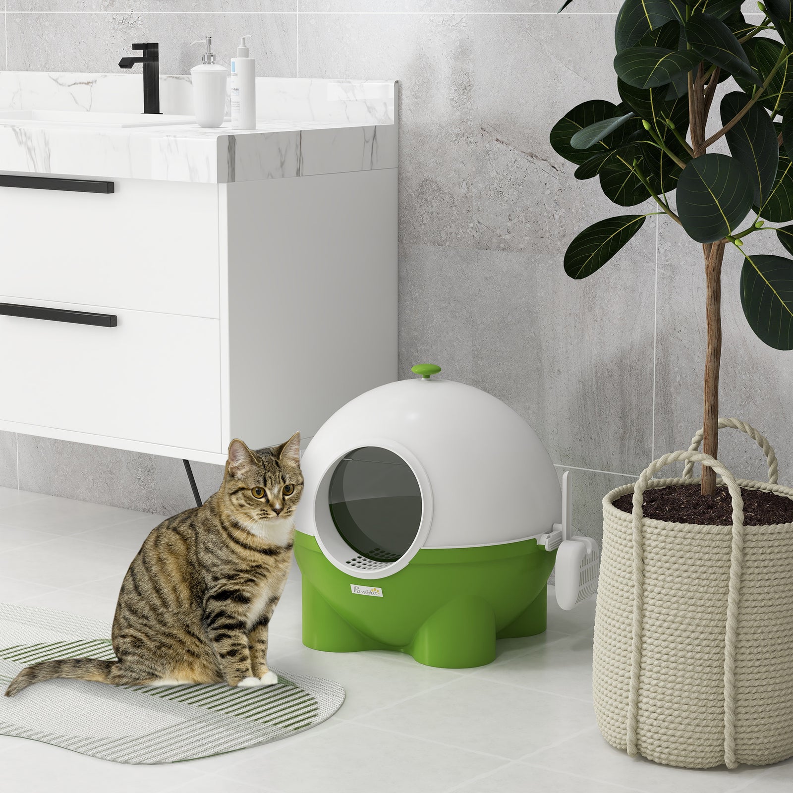 Large Cat Litter Box, Hooded Tray W/ Scoop | Green