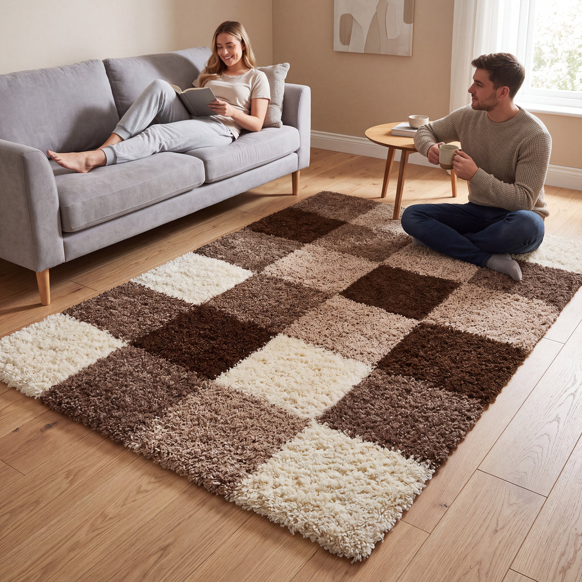 California Checked Shaggy Rug Deep Pile | 200cm x 290cm | Beige