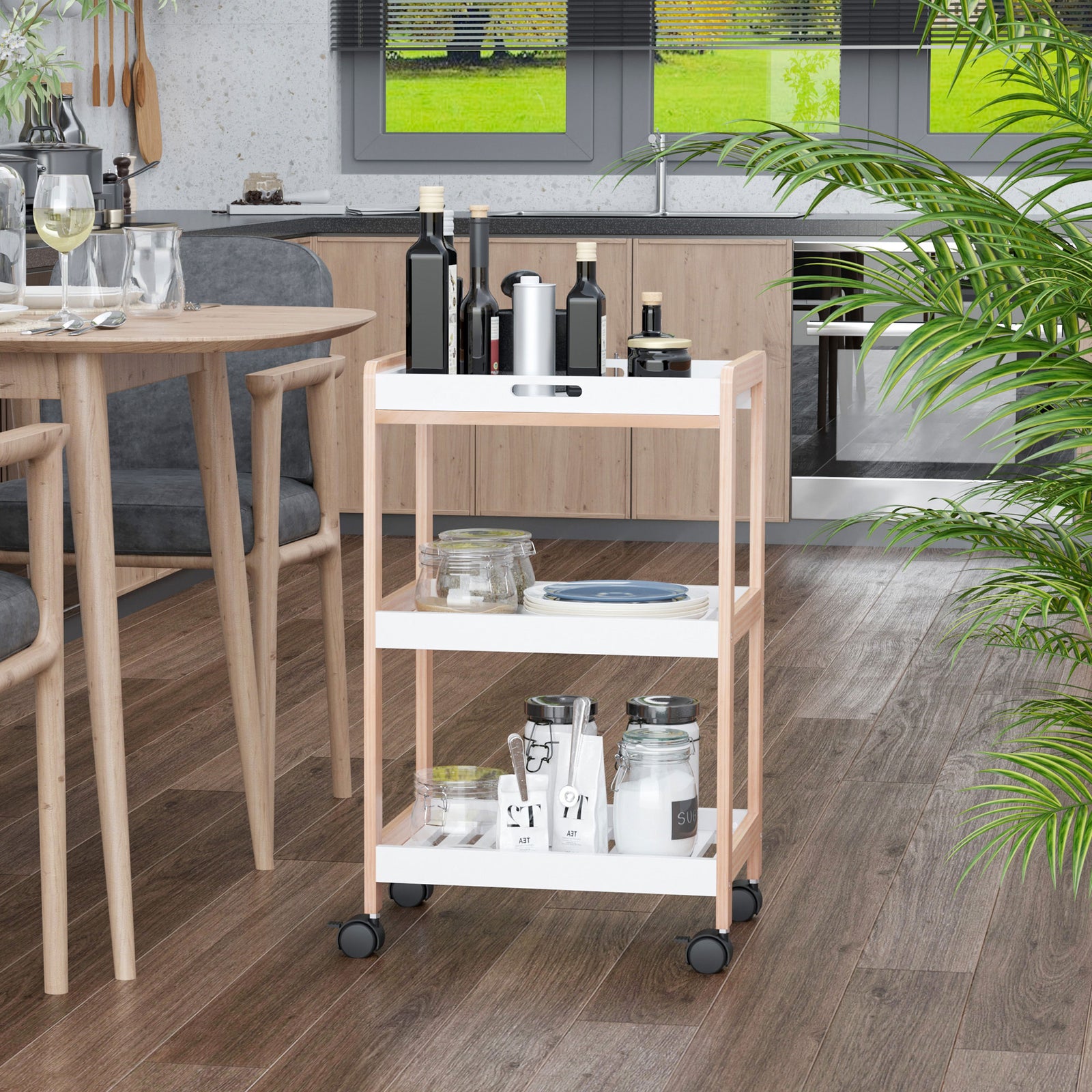 Mobile Trolley With Pine Wood, 3 Tier