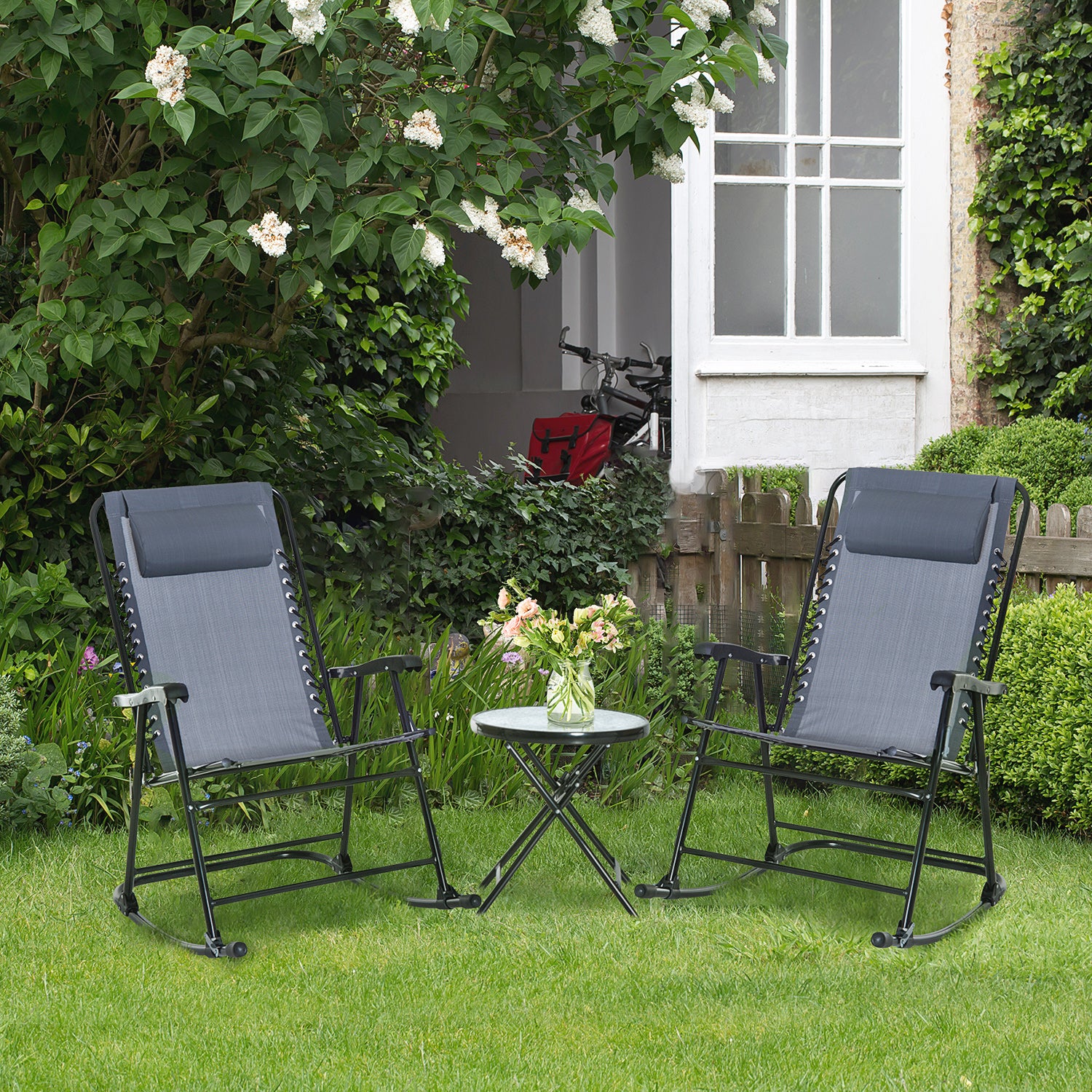 3 Piece Outdoor Rocking Set, 2 Chairs & Table