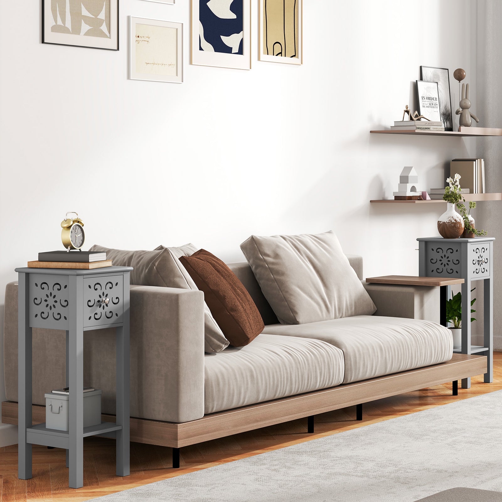 HOMCOM Bedside Table Set, End Table Set With Drawer And Storage Shelf, Grey