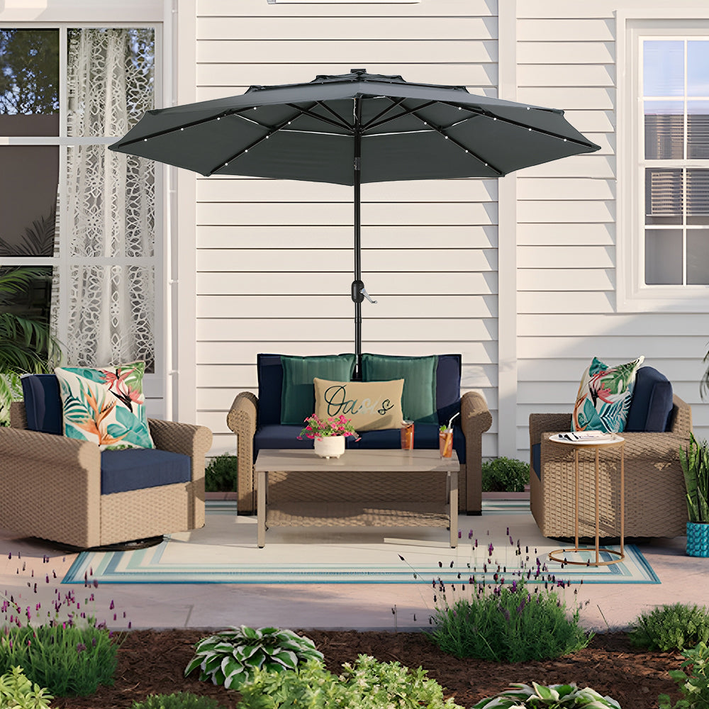 3m 3-tier Solar Led Patio Umbrella With 32 Led Lights, Crank Lift & Push-button Tilt Without Base