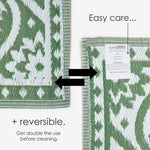 Luxury Outdoor Rug Waterproof Reversible For Garden Patio, Green Floral Leaf