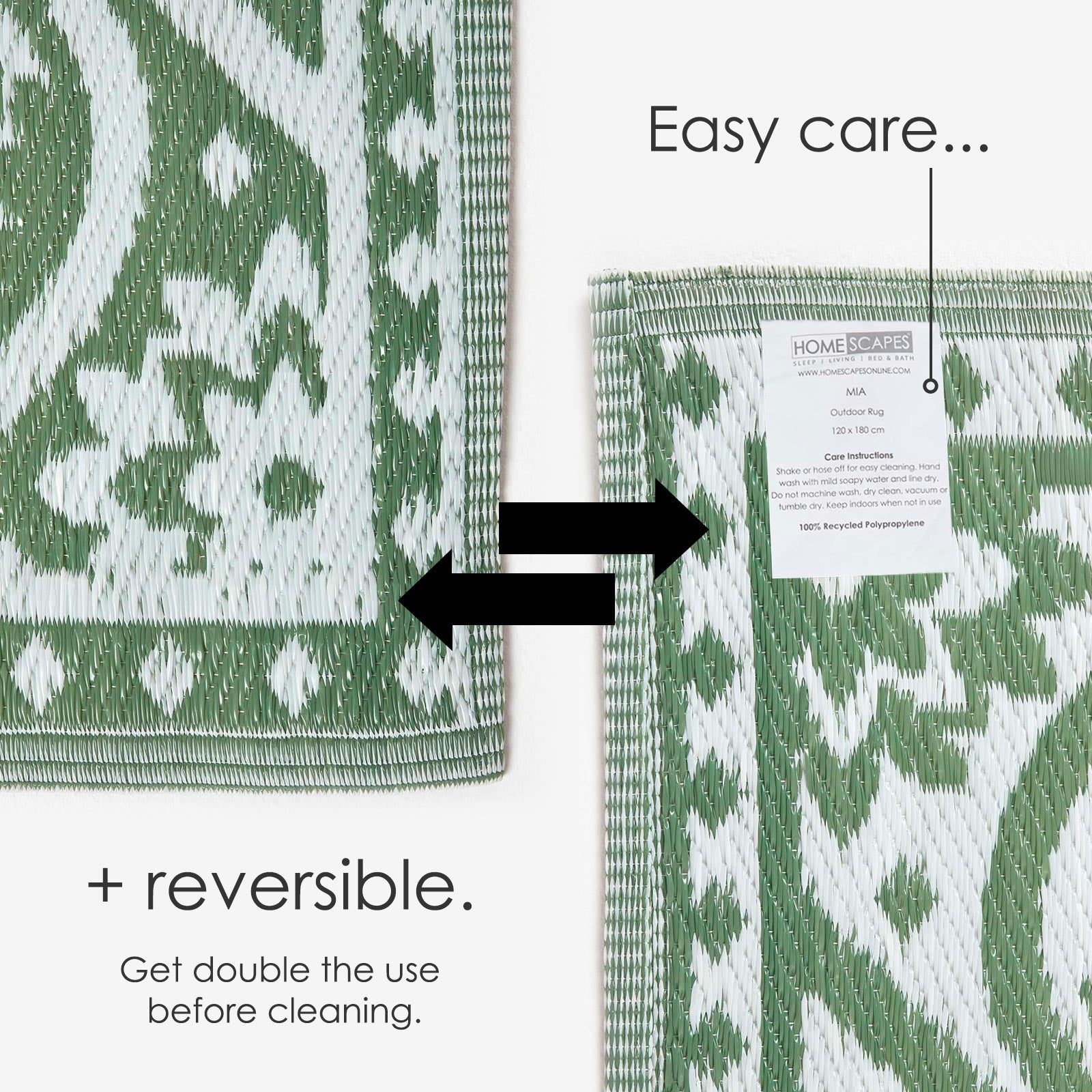 Luxury Outdoor Rug Waterproof Reversible For Garden Patio, Green Floral Leaf