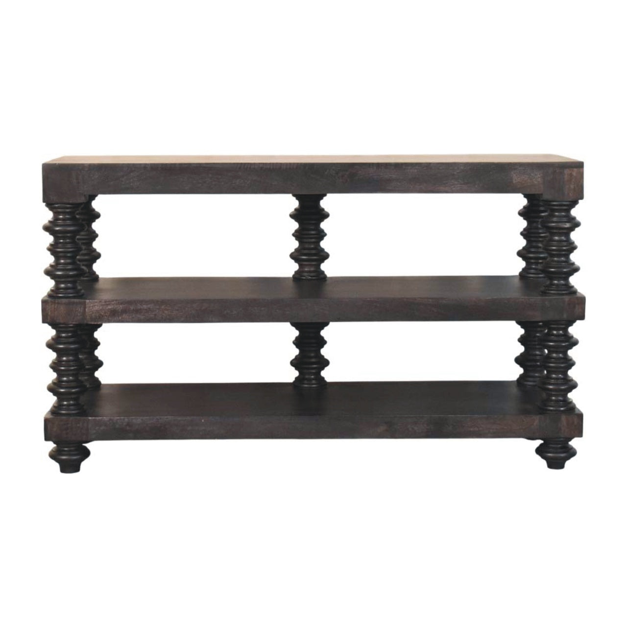 Spindle Shelf Console In Carbon Ash, 2 Open Shelf, Black Brown