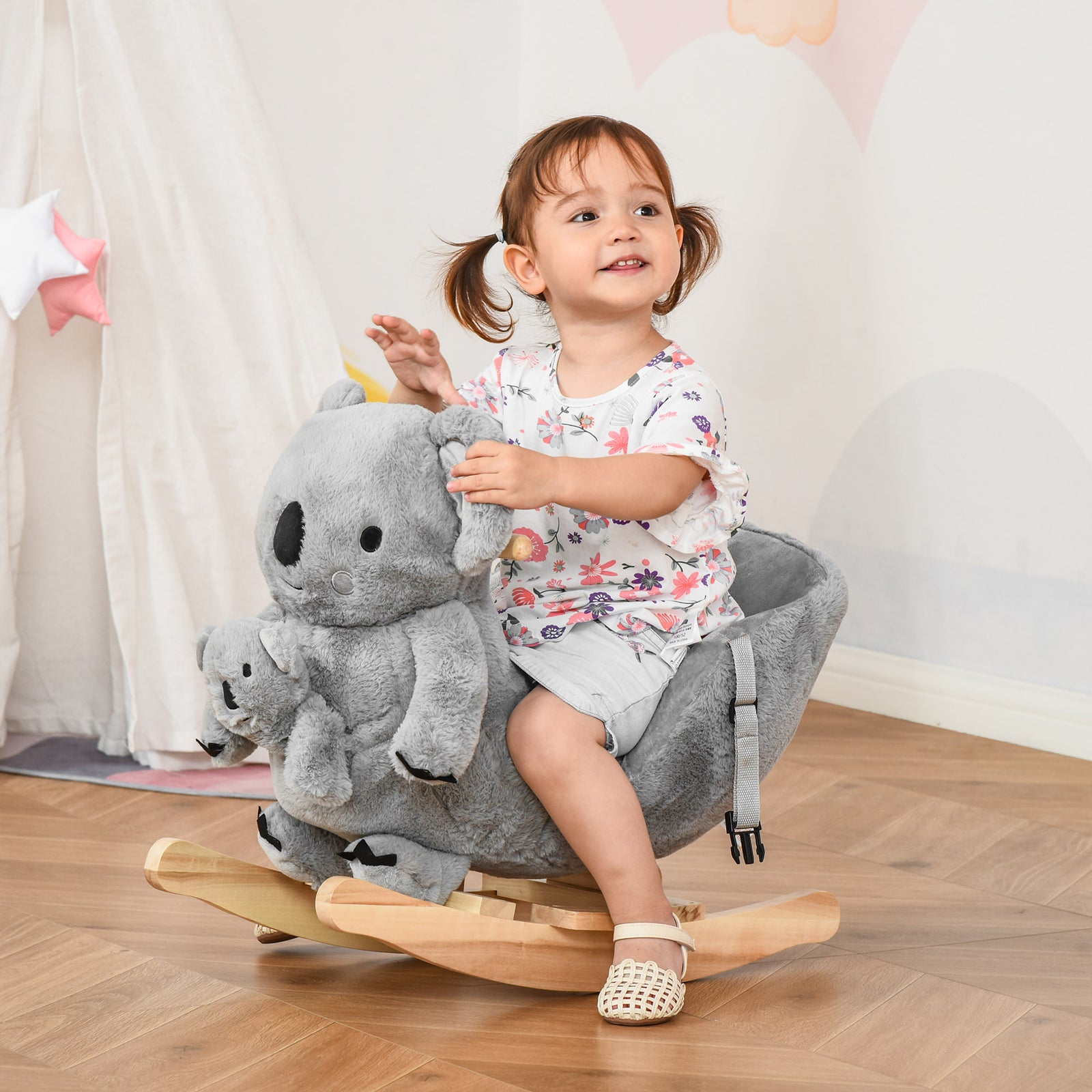 Kids Plush Ride-on Rocking Horse Koala-shaped Toy W/ Gloved Doll Grey
