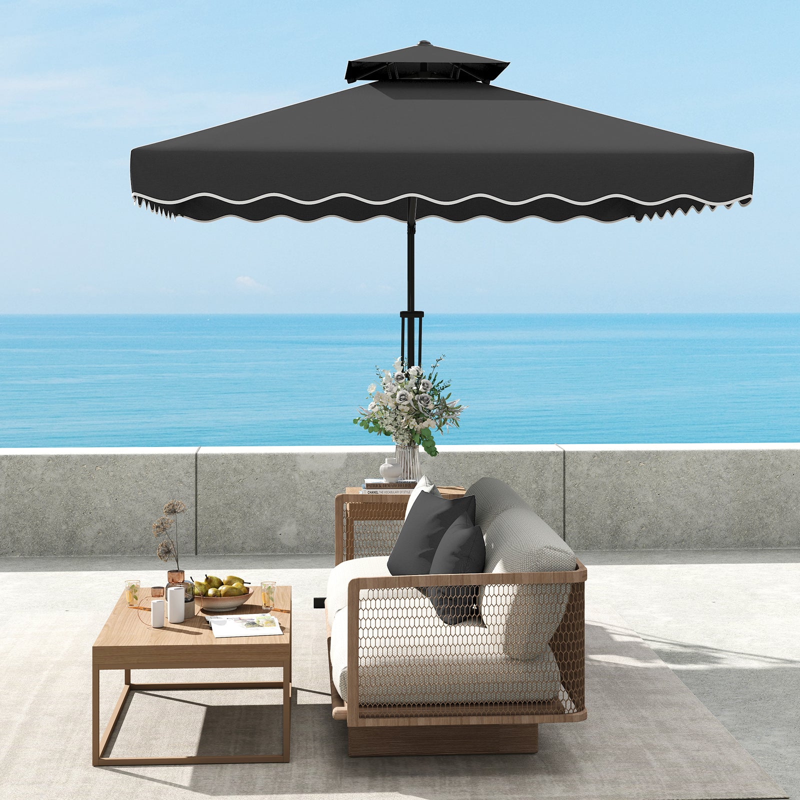 2.5m Square Cantilever Parasol W/ Ruffles | Black