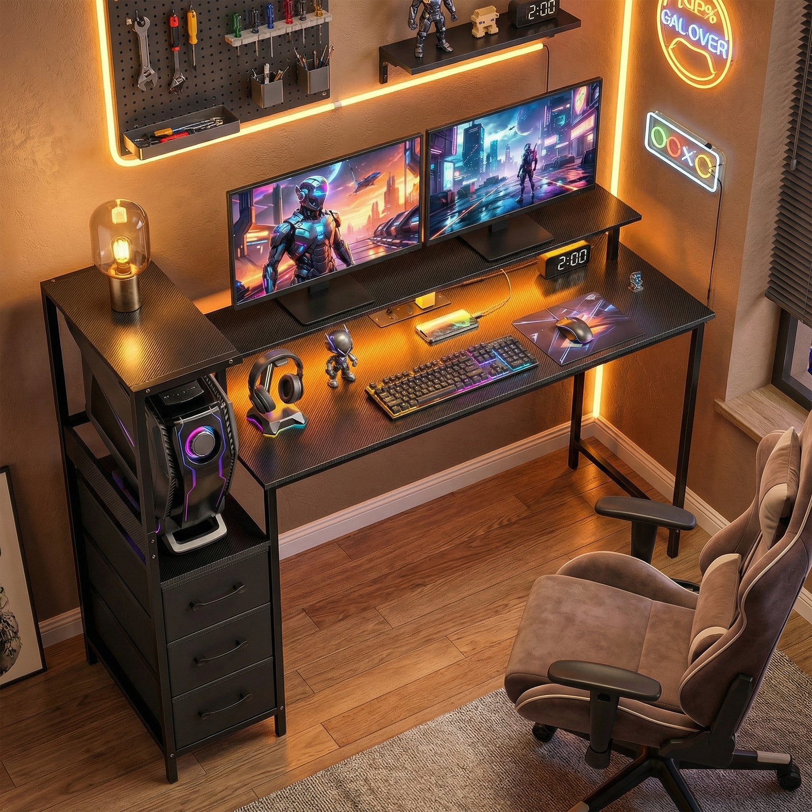 147cm Gaming Desk With Charging Station And Rgb Lights | Black