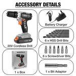 20v Cordless Drill & Drill Bit Set 20v 1 Hr Fast Charge Battery & Charger Included | 13 Piece Kit – 1x 20v Battery + Charger | Grey