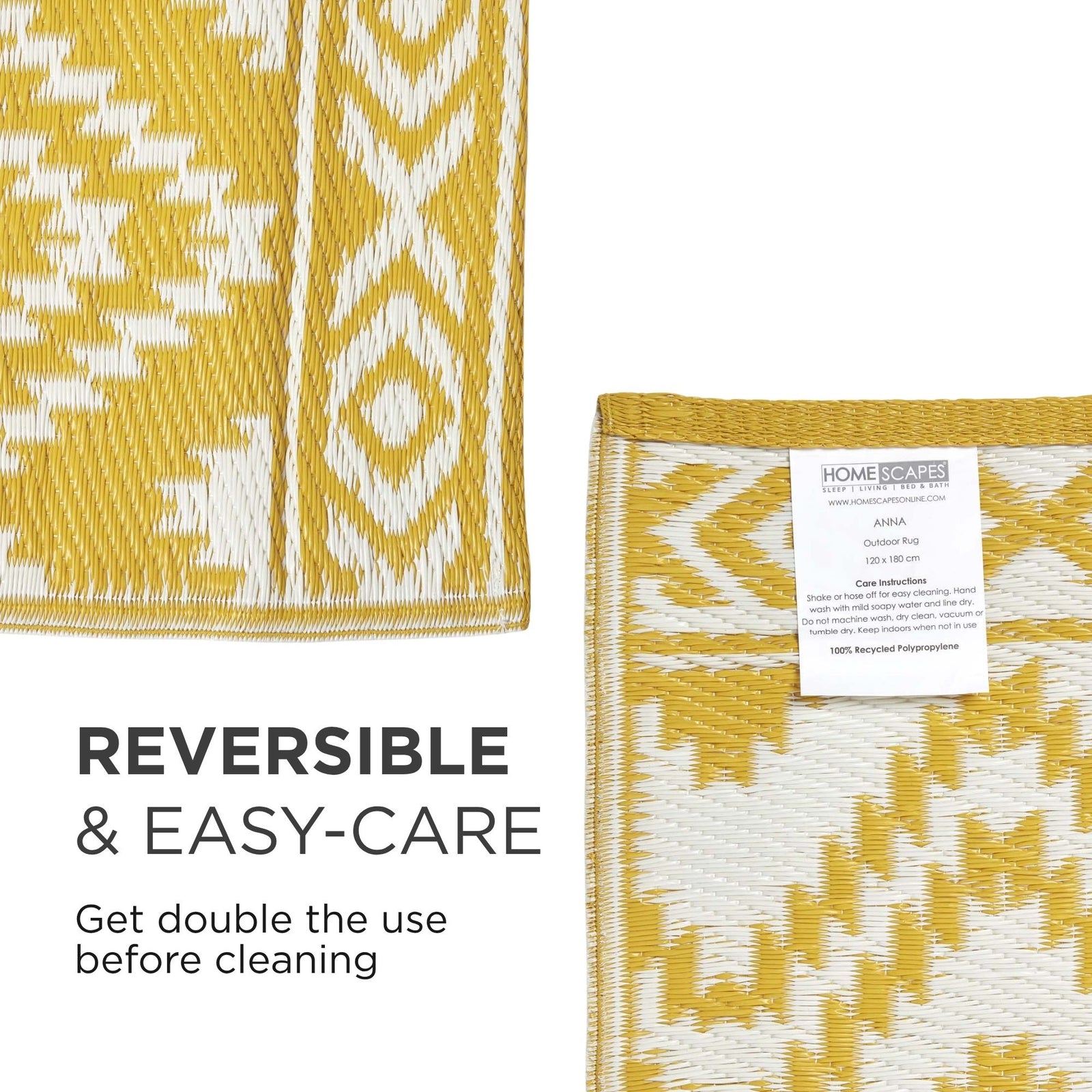 Luxury Outdoor Rug Waterproof Reversible For Garden Patio 100% Recycled, Yellow Anna Aztec | 75cm x 200cm | Yellow